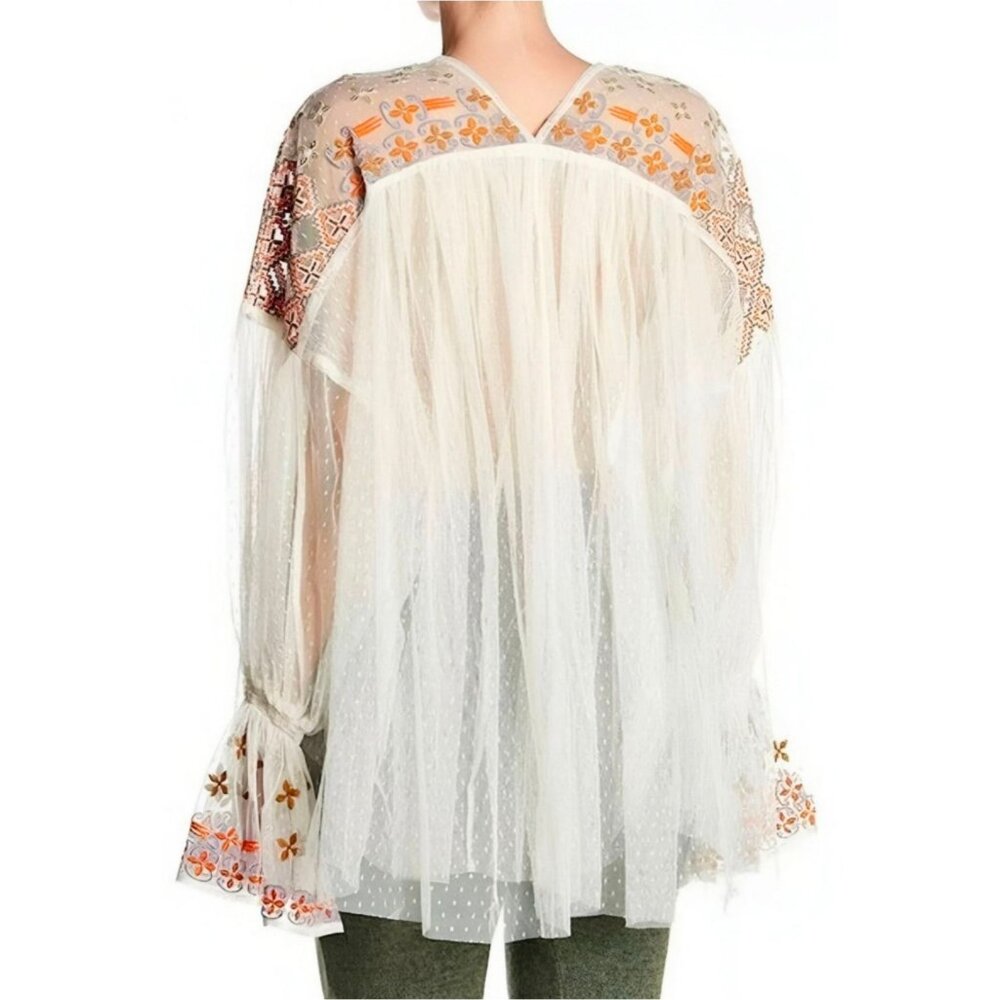Free People ✦ Boho Tunic Top ✦ Ivory Combo Swiss Dot Embroidered Sheer XS NWT - Picture 2 of 13